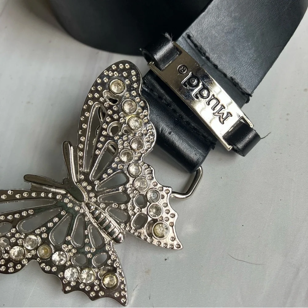 Vintage Y2K MUDD Butterfly Rhinestone Buckle‎ Leather Belt S / M RARE